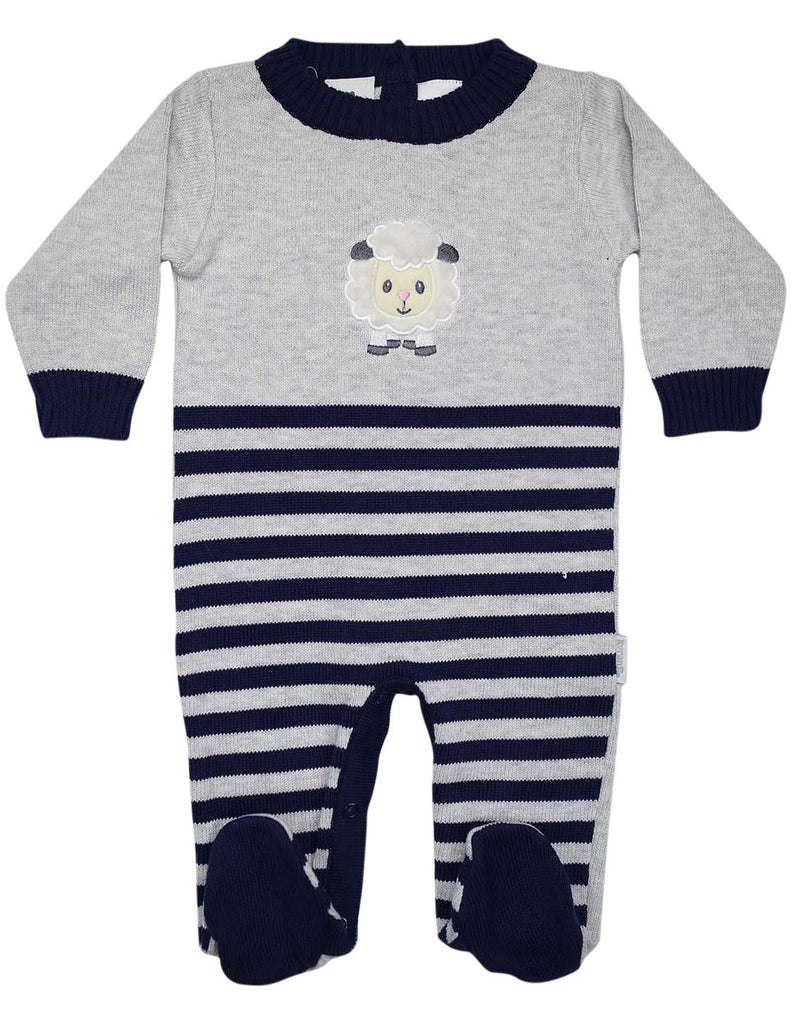 B13023G Baa Baa White Sheep Stripe Knit Romper with Applique