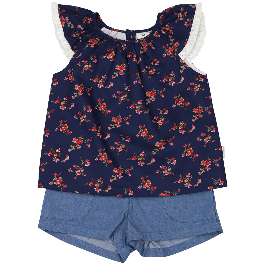 C1422N Navy Floral Blouse and Short Set