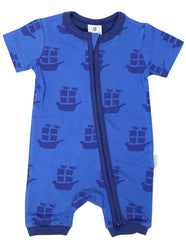 B1202B Pirate Ships Zip Short Sleeve Romper-All In Ones-Korango_Australia-Kids_Fashion-Children's_Wear