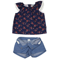 C1422N Navy Floral Blouse and Short Set