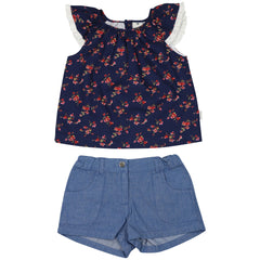 C1422N Navy Floral Blouse and Short Set