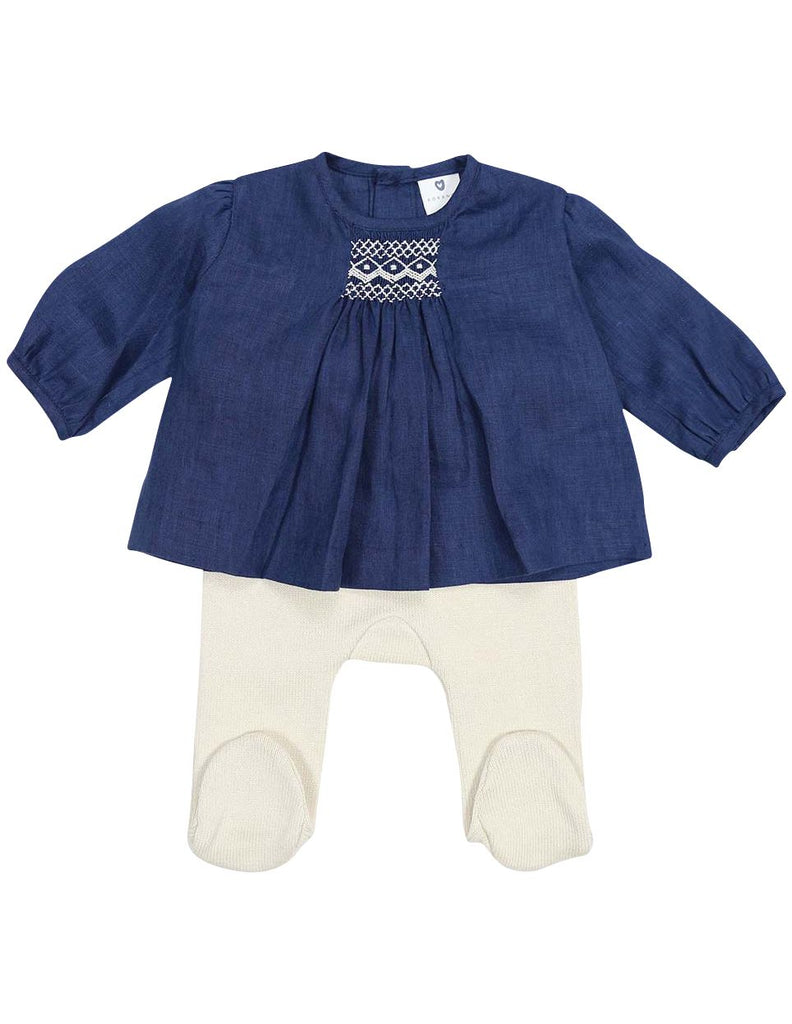 C13015N  Classique Girl Linen Hand Smocked Blouse with Knit Leggings