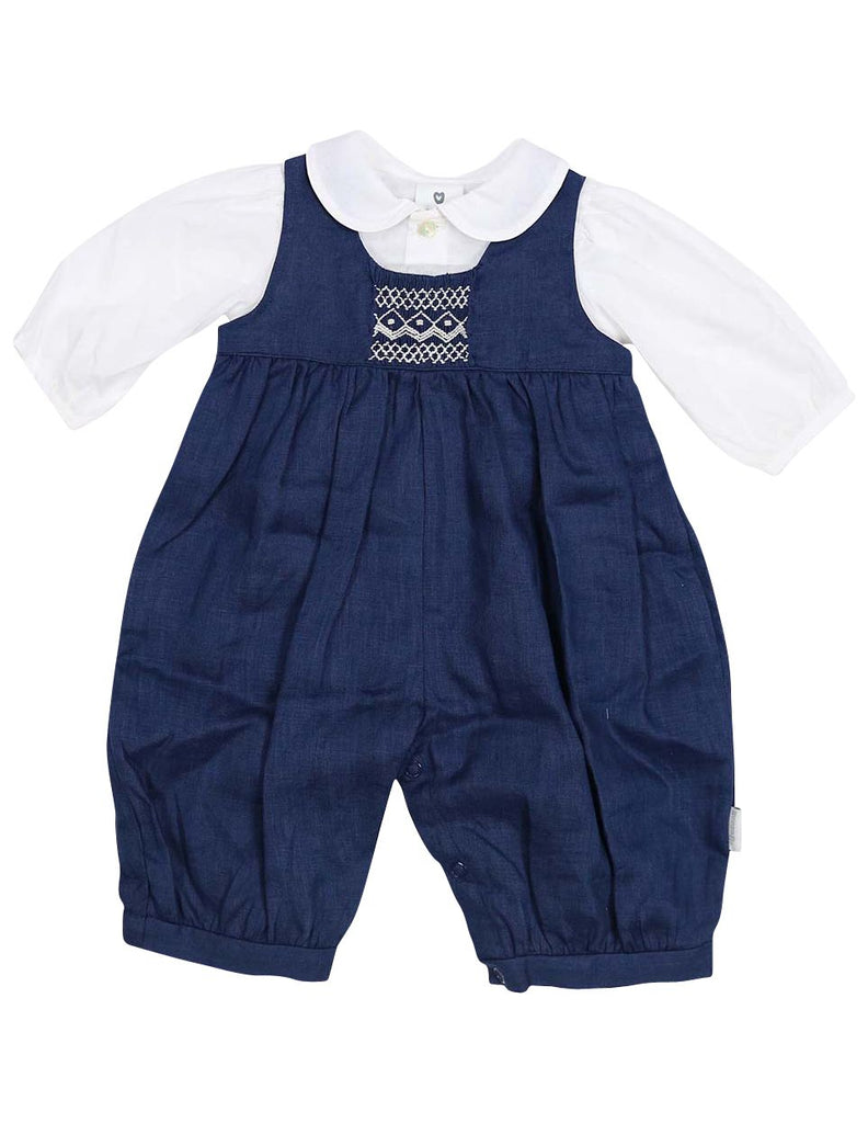 C13017N Classique Girl Linen Hand Smocked Overall with Blouse
