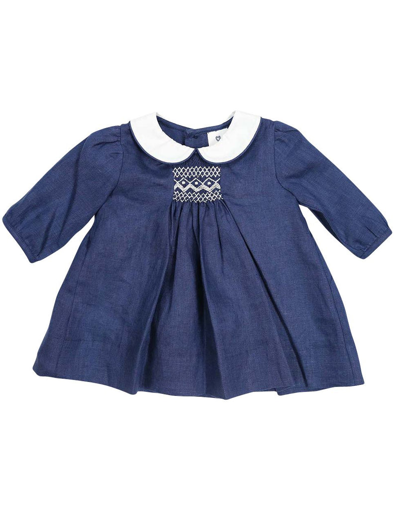 C13016N  Classique Girl Linen Hand Smocked Dress with Collar