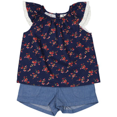 C1422N Navy Floral Blouse and Short Set