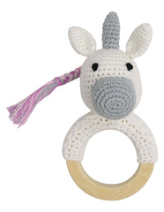 B3031 Unicorn Hand Crochet Wooden Teether Toy