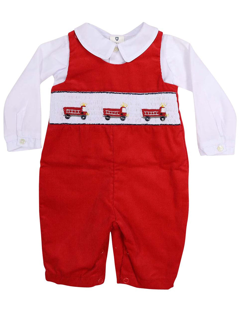 C13006R Fire Truck Corduroy Overall and Shirt - Hand Smocked/Embroidered